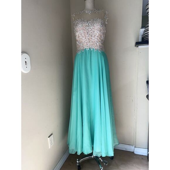 Glam Gurlz Green Prom Formal Dress Ballgown Hand Beaded Lace Rhinestone Sz 12 - Picture 1 of 16